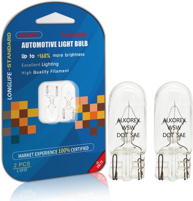 ALKOREY مصابيح T10 W5W 194 168 12V 5W، لمبات بيضاء دافئة 2700K، لمبة بديلة لأضواء لوحة الترخيص، ضوء خريطة القبة، مصابيح ضوء المجاملة، عبوة من 2 - Image 1